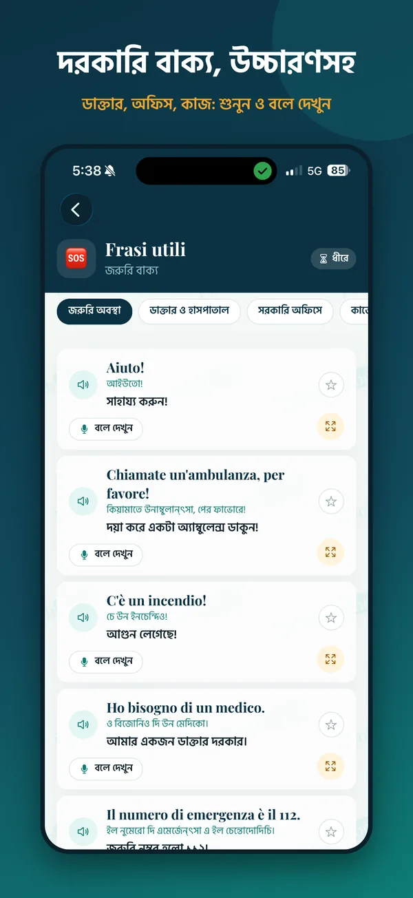জরুরি বাক্য, উচ্চারণসহ